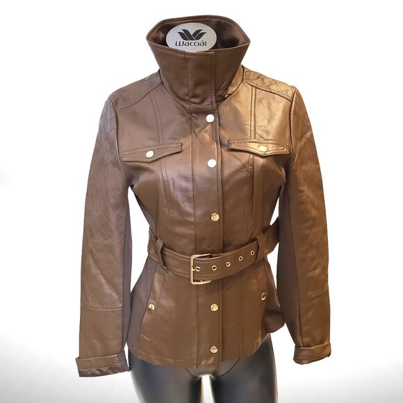 Guess Jackets & Blazers - GUESS Los Angeles Brown Belted Faux-Leather Moto Jacket – Size M